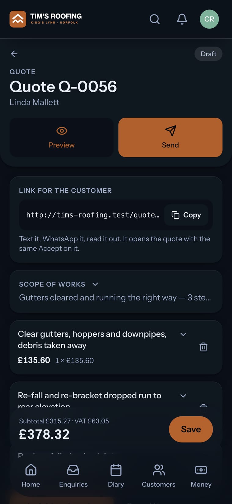 A roofing quote being edited in the Tim’s Roofing demo app