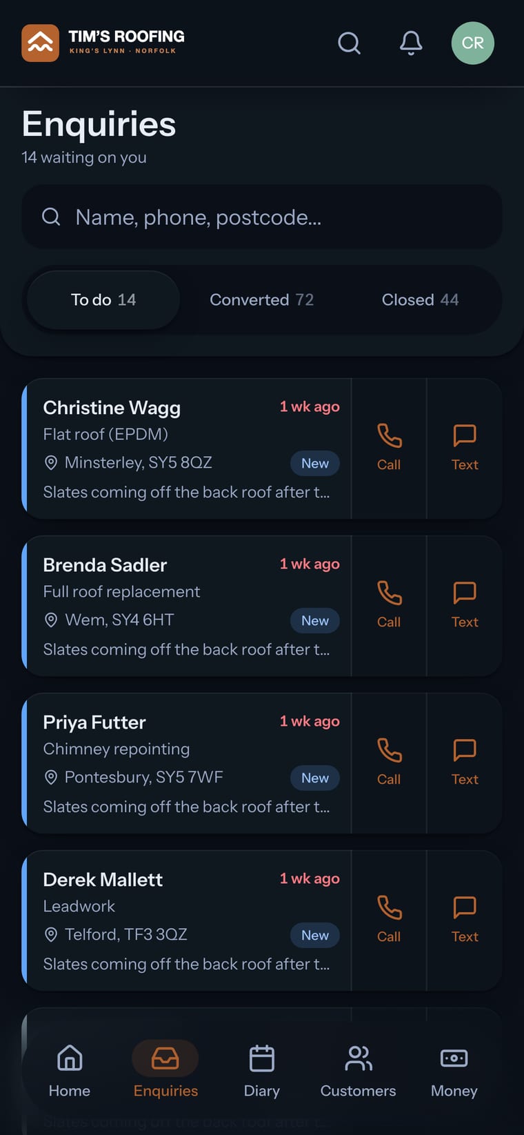Customer enquiries in the Tim’s Roofing demo app
