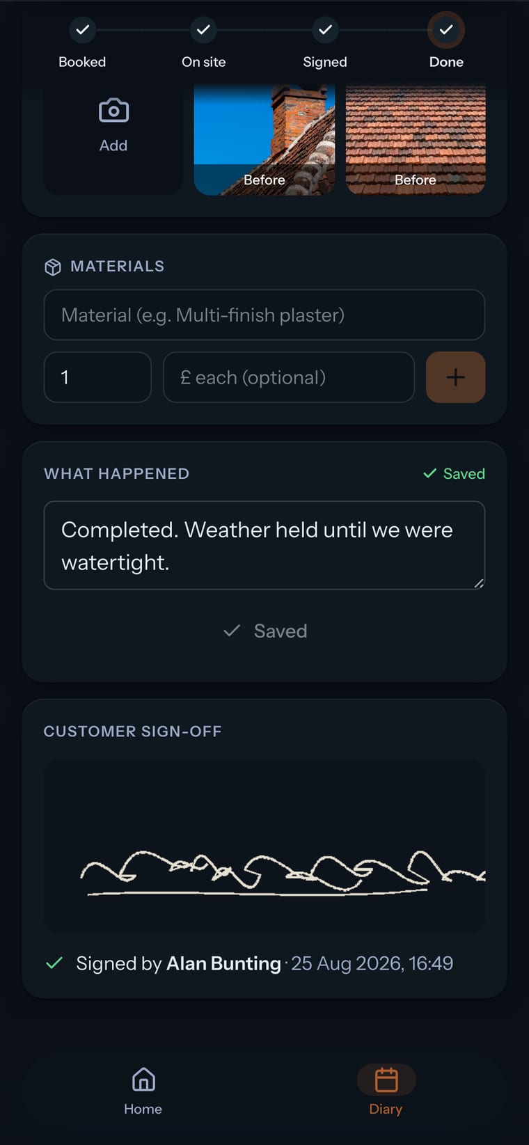 Site records and materials in the Tim’s Roofing demo app