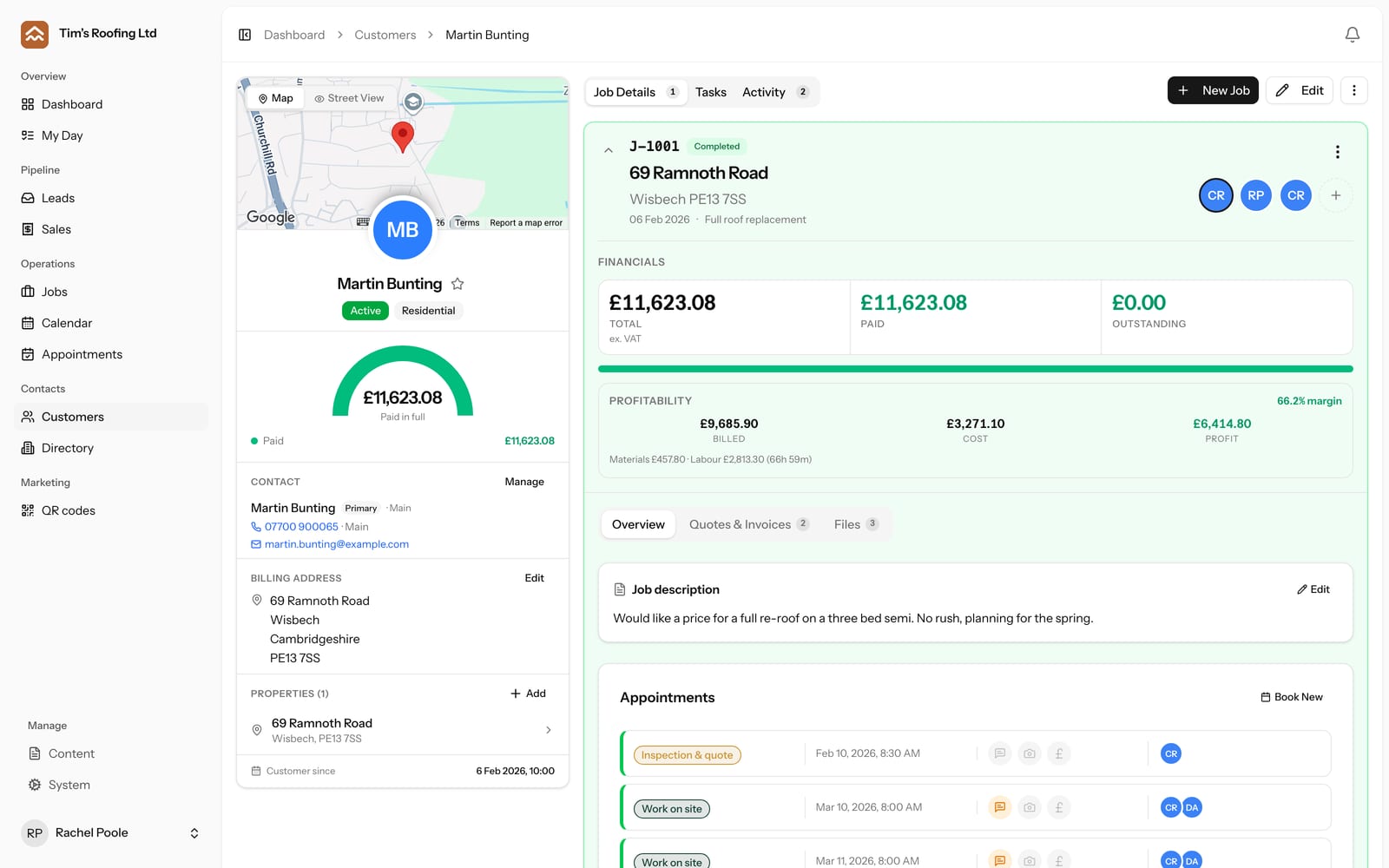 A customer record: their properties, the jobs at each one, and what has been paid