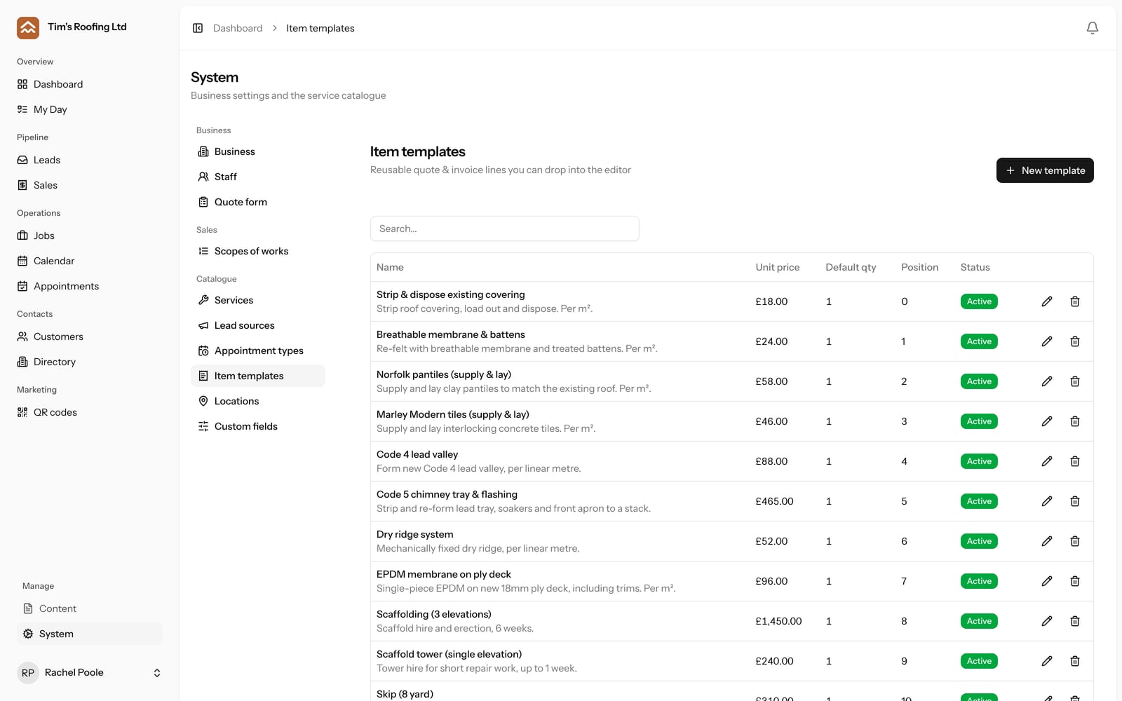 The price list: every item with its unit and its price