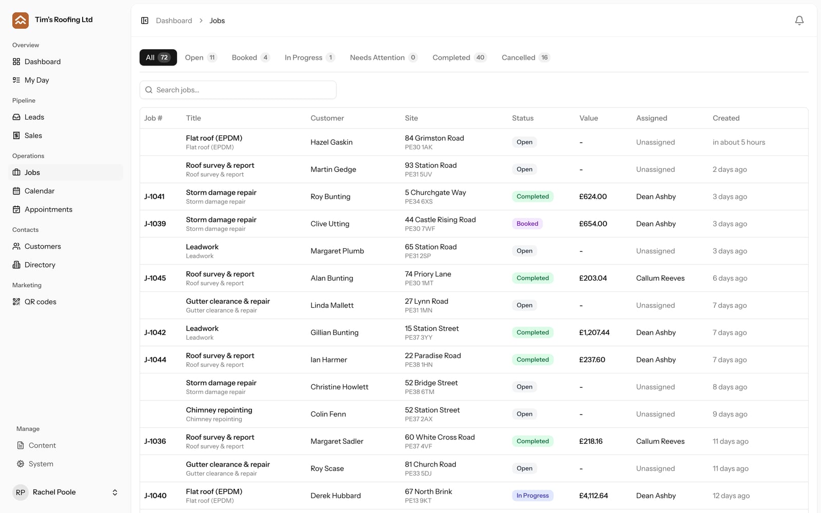 The jobs list: every job with its customer, address, status and value