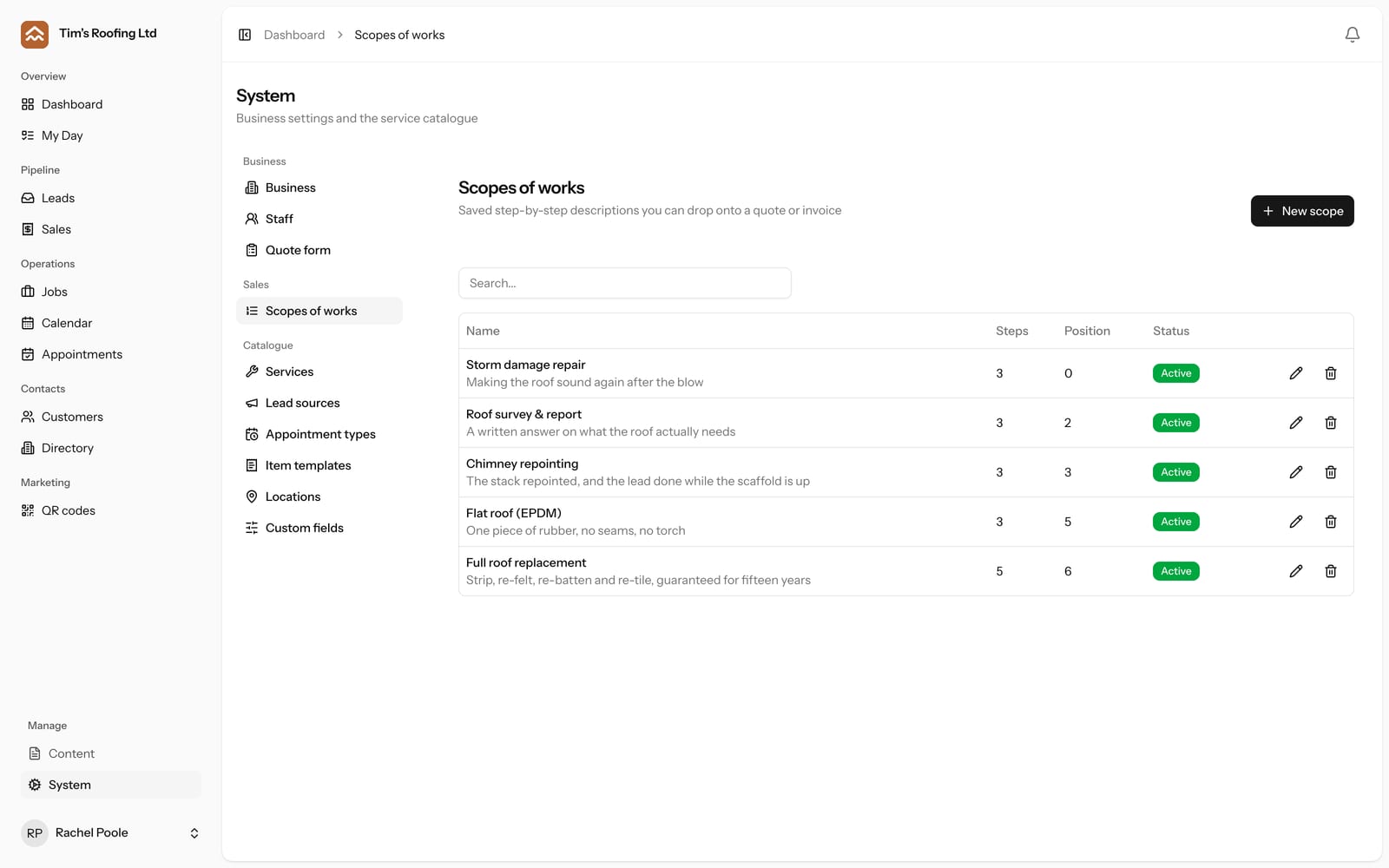 Scopes of works: reusable descriptions of a job, ready to drop into a quote