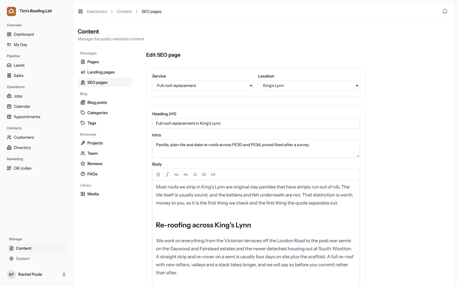 Editing a service and location page in the office: the heading, the intro and the body copy