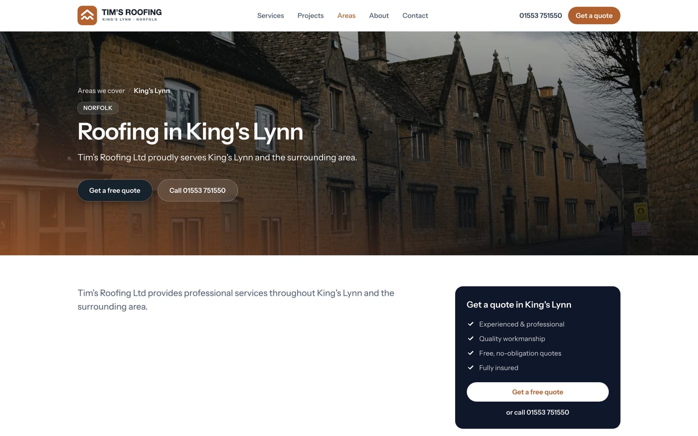 A live area page on the client's own website, about their services in one named town