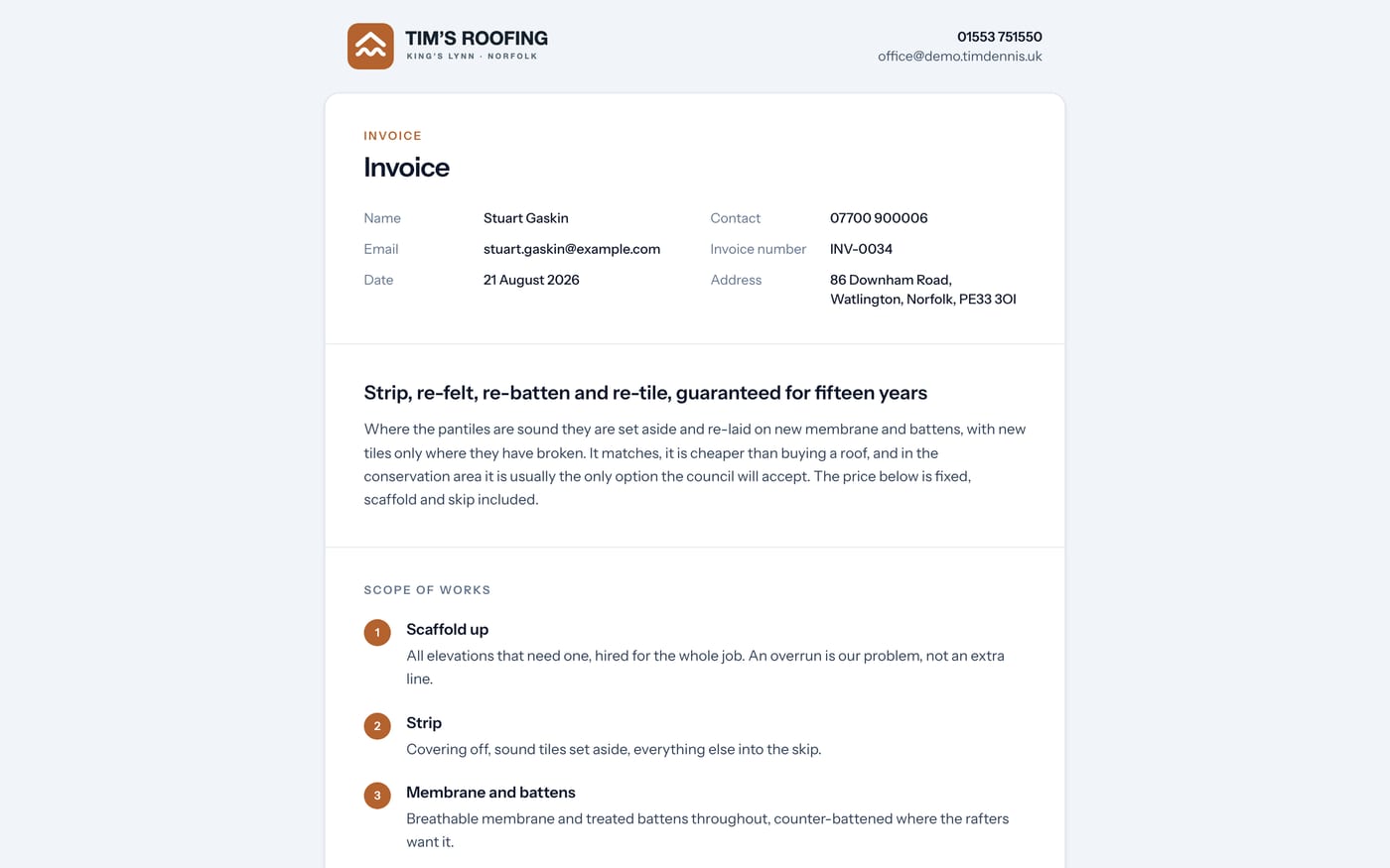 An invoice as the customer sees it, with the work listed and the amount owed
