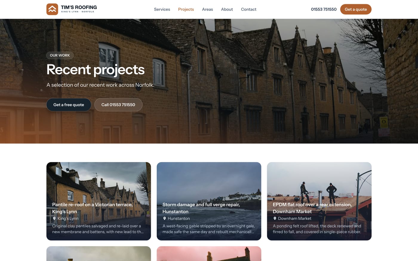 Recent projects on the client's website, each with photographs of the finished work