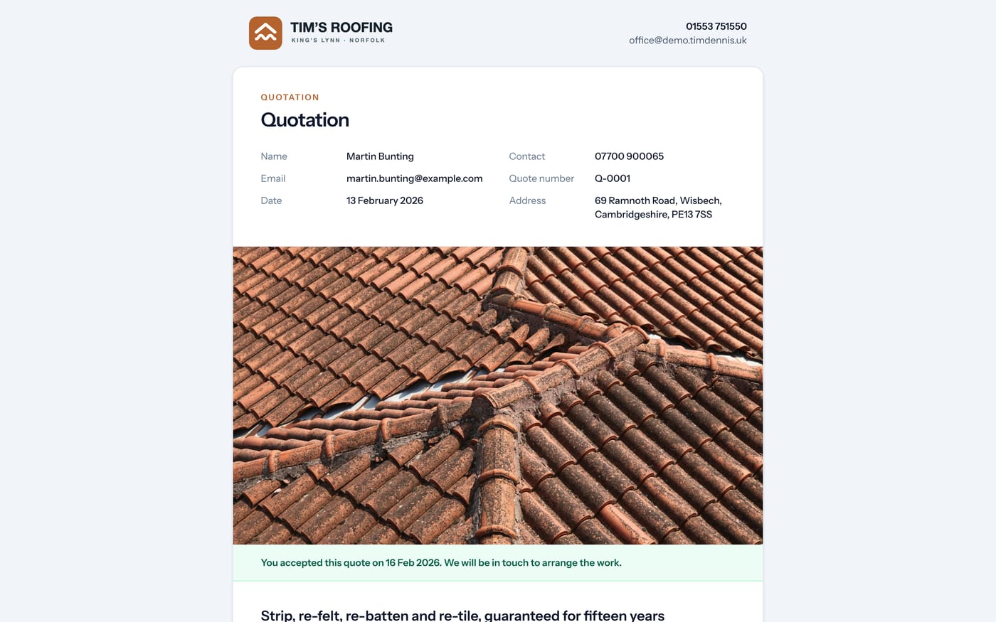 A quotation as the customer sees it: the firm's branding, photographs of the job and an accept button
