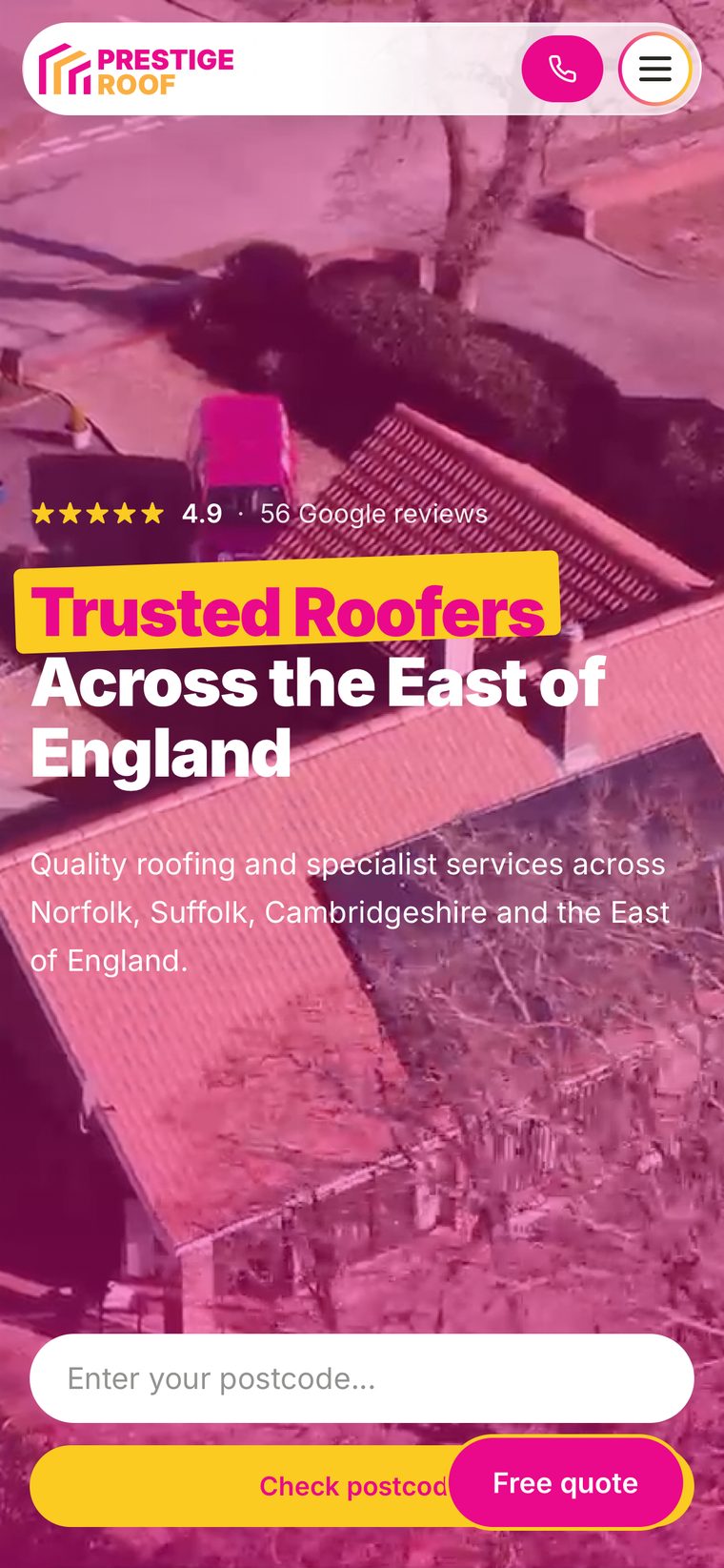 The Prestige Roof website on a phone