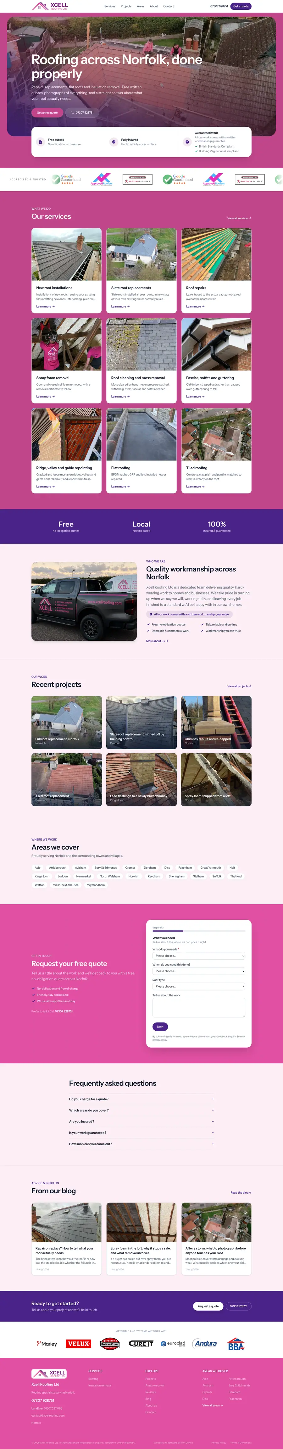 The top of the Xcell Roofing website